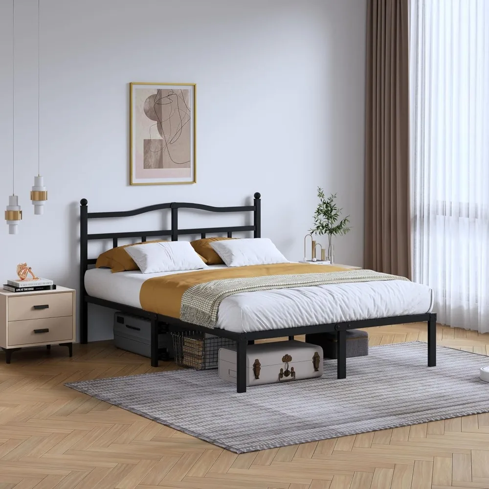 

14 Inch Metal Bed Frame - Full Size Heavy Duty Bedframe with Headboard Black Basic Steel Slats Platform No Box Spring Needed/Eas