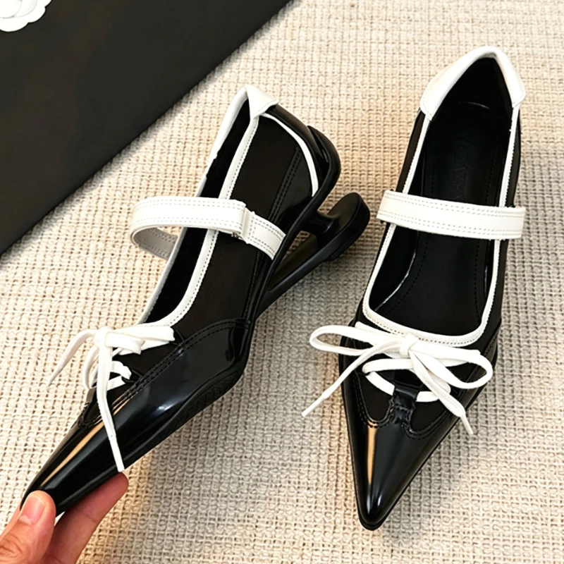Unique Mixed Color Pointed Toe Mary Jane Shoes for Women Fashion Lace-Up Strange High Heels Street Style Non-slip Casual Shoes