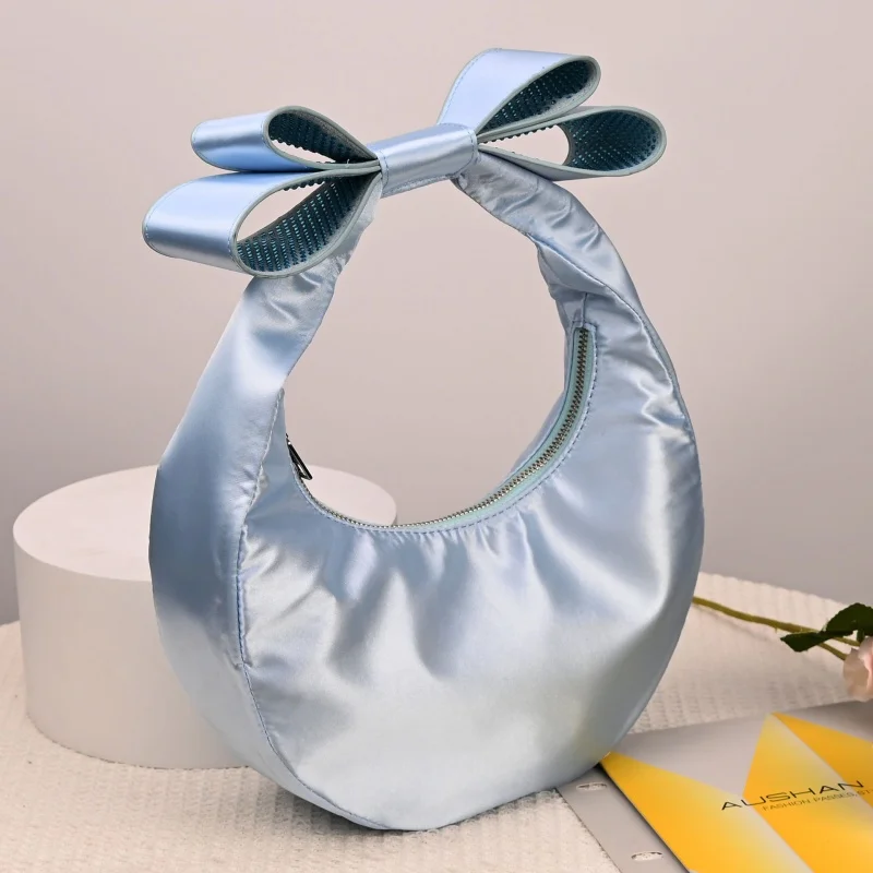 Y2K Sweet Hobo Bag Ladies Glossy Satin Fabric Large Bow Top Handle Underarm Bag Lightweight Small Shoulder Bag Daily Party