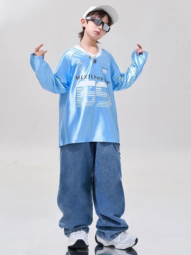 Ropa de Hip Hop para niños, Tops azules, pantalones vaqueros azules para niño y niña, falda blanca, ropa de traje de baile