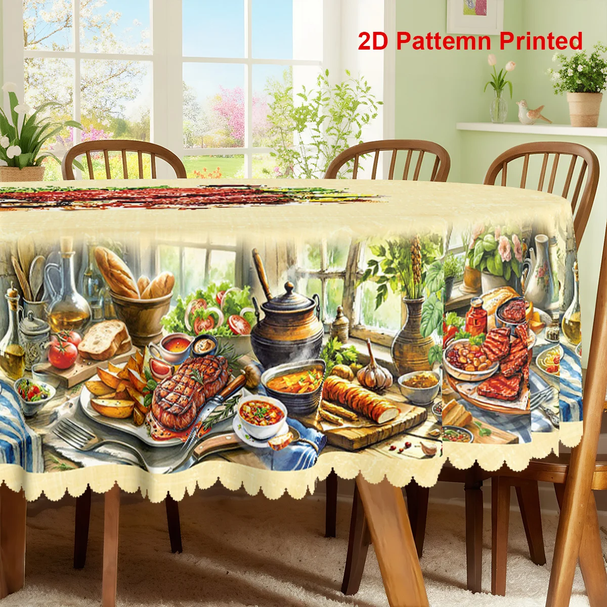 1 piece, food-themed party tablecloth, with steak, bread and pasta patterns printed on ityzb