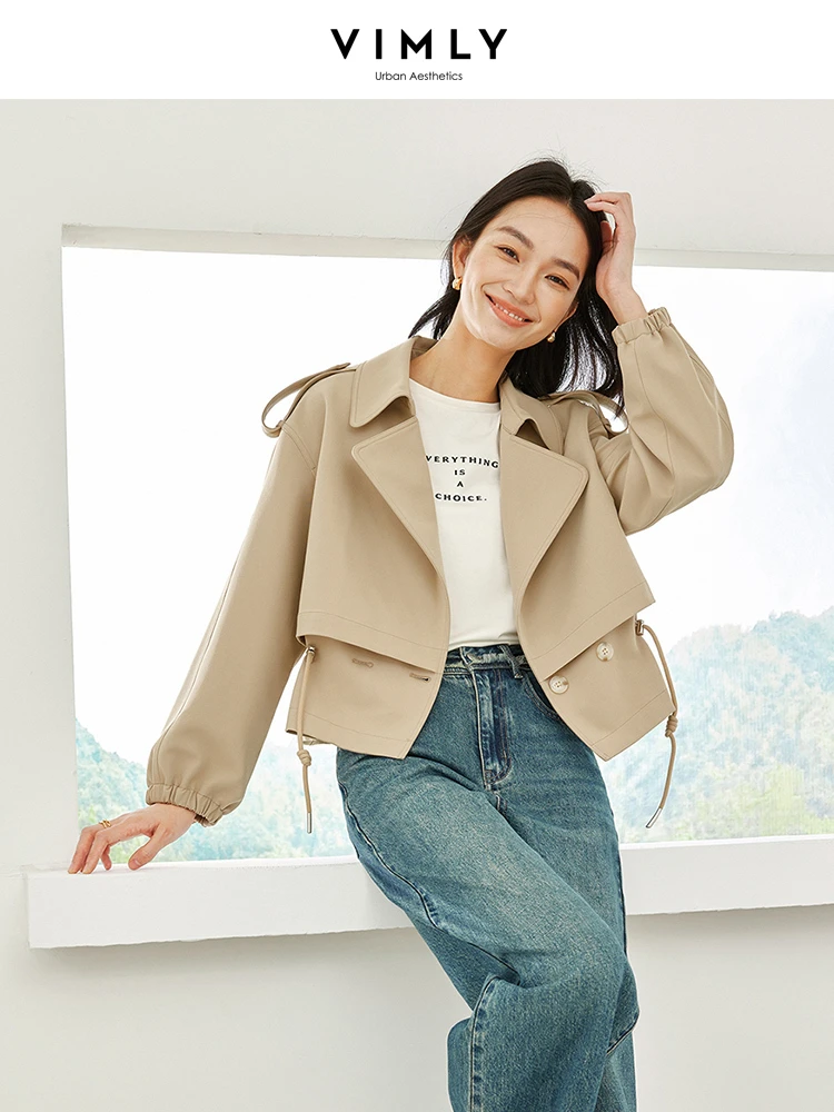 

Vimly Khaki Cropped Trench Coat Double Breasted Notched Collar Windbreaker Women 2023 Autumn Outerwear Long Sleeve Jackets M5083