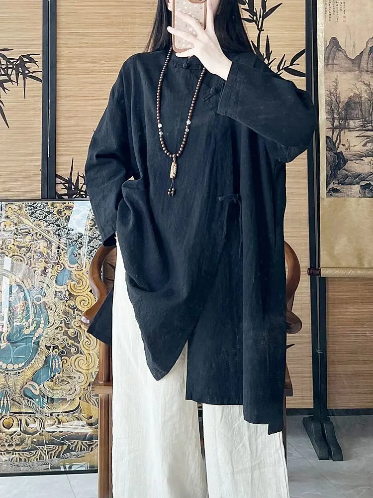 جديد الصينية Sle Zen رداء مجموعة المرأة القطن الكتان عادية Faion منتصف طول الجانب زرر البوذية ملابس الشخص