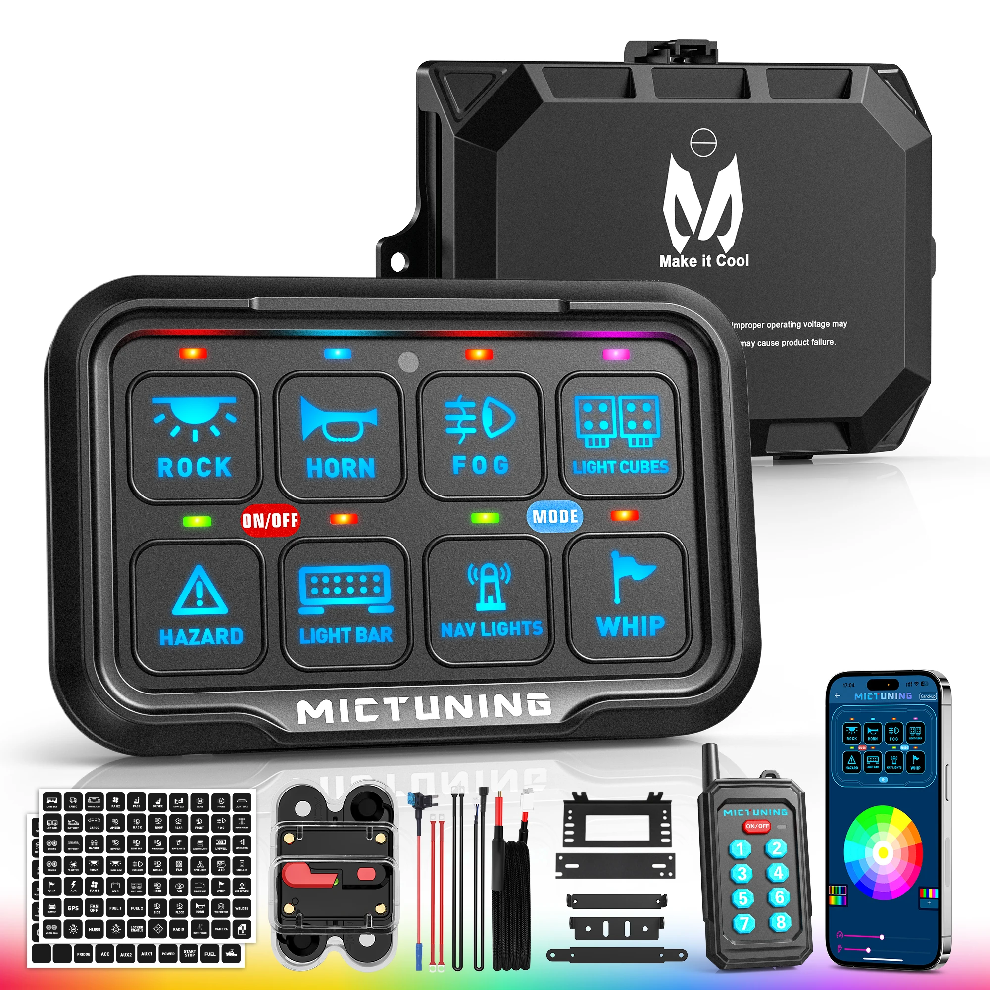 MICTUNING P8Y RGB 6/8 Gang Switch Panel - Wireless App & 230FT Remote Control,  IP67 Waterproof Circuit Box Relay System
