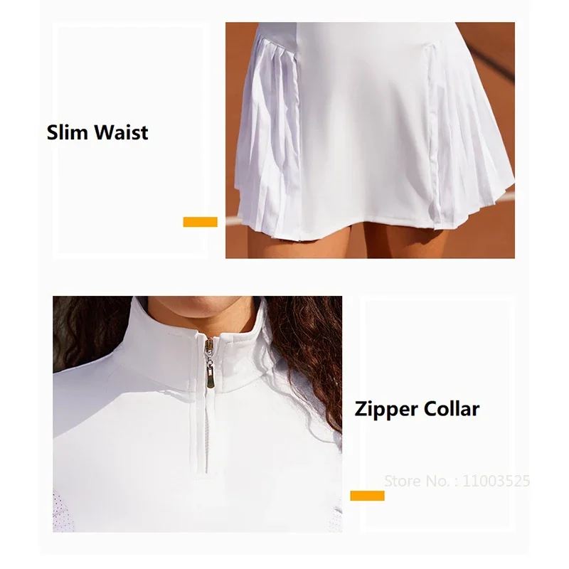 بدلة جولف نسائية بأكمام طويلة وياقة بسحاب فستان تنس للياقة البدنية واليوجا والجري سريع الجفاف مع ثنيات فستان رياضي خارجي