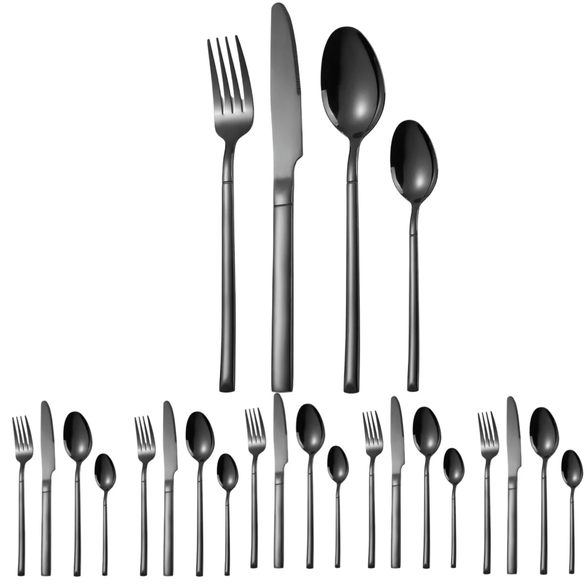 

A · HOUSEWARE 24 Pieces Black Silverware Set Knight Square Handle Steel Cutlery Set for 6, Modern Design Flatware Utensil Set