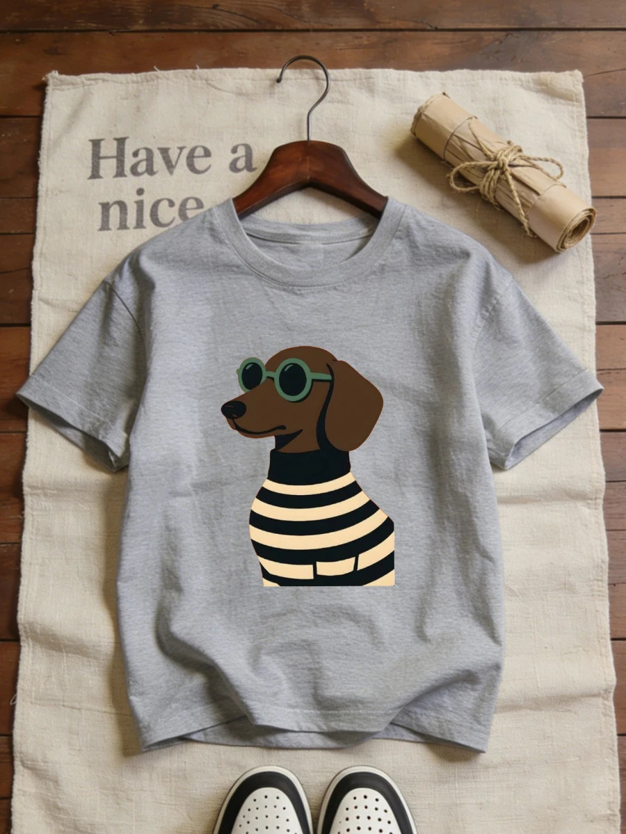 Exquisite Printed Pattern Women's Fashion Casual T-shirt with Delicate Cartoon Puppy Design, Comfortable and Soft Fabric.