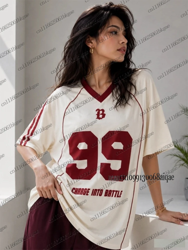 Autumn Winter New 99 Print T-Shirt For Women V-Neck Patchwork Long Sleeve Vintage Sports Football Jersey Y2K Loose Oversized Top