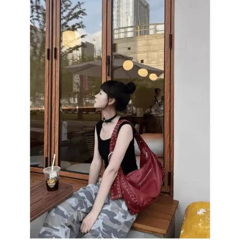 Bloom Hot Girls Red Tote Bag Purse Women High Street Large Capacity Pu Leather Casual Y2k Handbag Ladies Retro Shoulder Bags