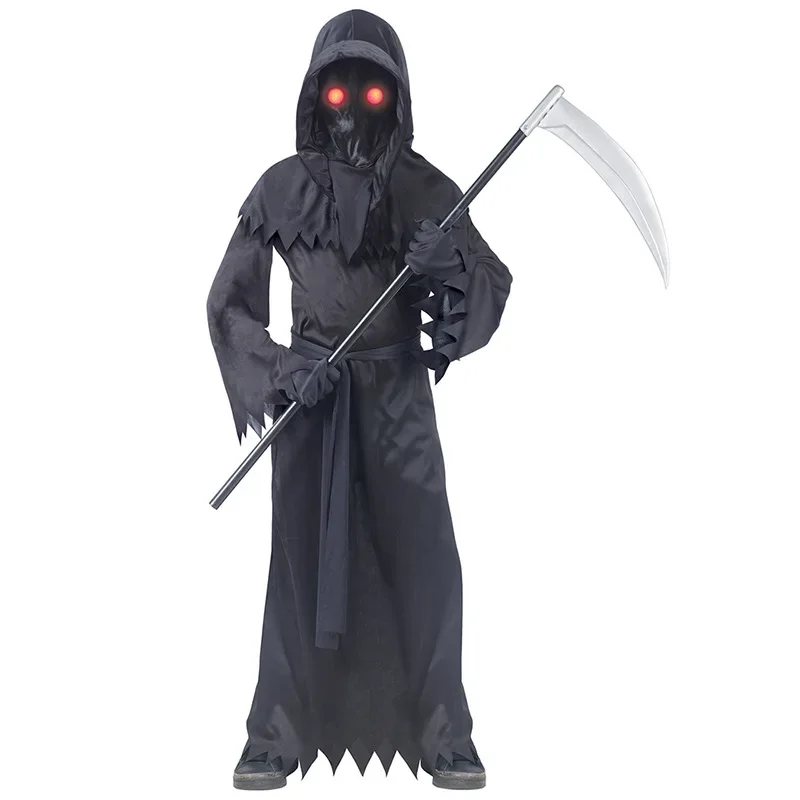 Disfraz de Grim Reaper para niños y niñas, con sombrero, máscaras, ojos luminosos, gancho de la muerte, hoz, fiesta, Terror, disfraz de Halloween