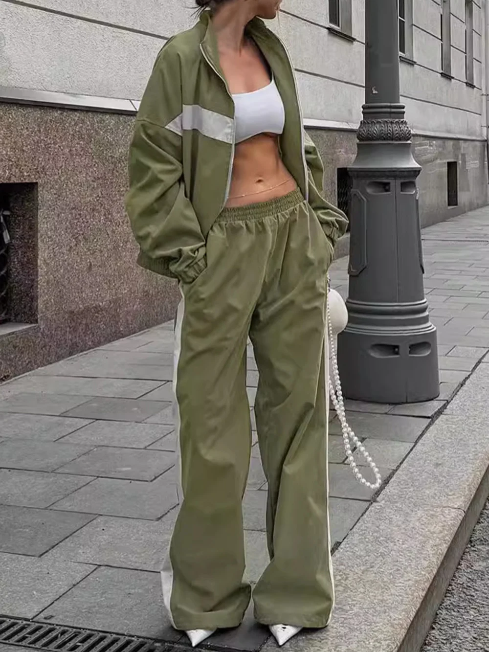 Fashion Two Piece Sports Suit Casual Women\'s 2024 New Autumn Winter Patchwork Color Jacket+High Waist Elastic Pants Female Set