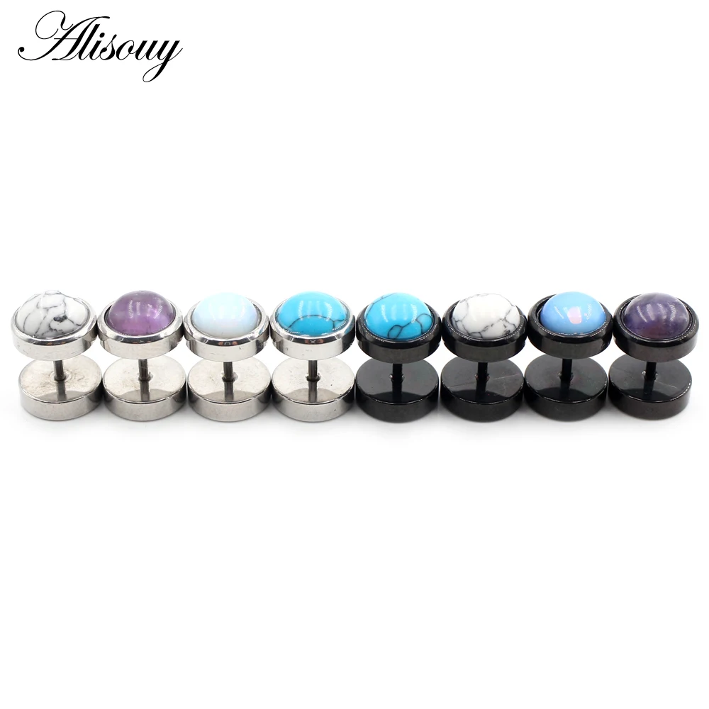 Alisouy 2pcs Punk Natural Stone Opal Stainless Steel Men Women Barbell Dumbbell Ear Studs Earrings Tragus Helix Piercing Jewelry