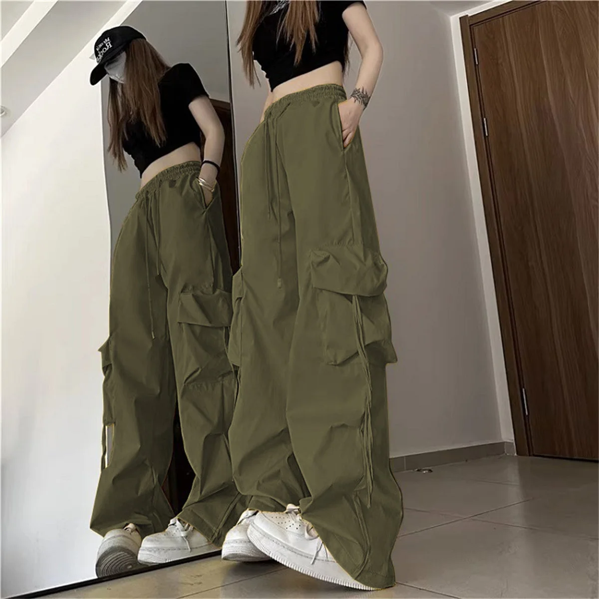 Grande taille femmes Cargo pantalon taille haute solide mode rue pantalon Vintage cordon poche pantalon ample décontracté Joggers vêtements