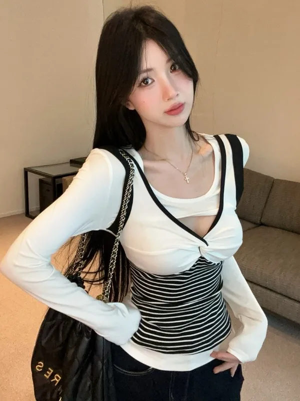 

Sexy Hollow out Long Sleeve T-Shirt Women's Slim Fit Contrast Color Block Knot Design Autumn Fashion Casual Short Top