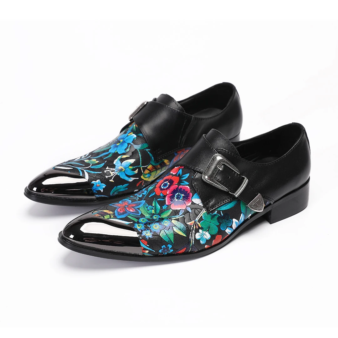 

Men's pointed leather shoes with fashionable metal iron buckle and embroidered cowhide men's shoes