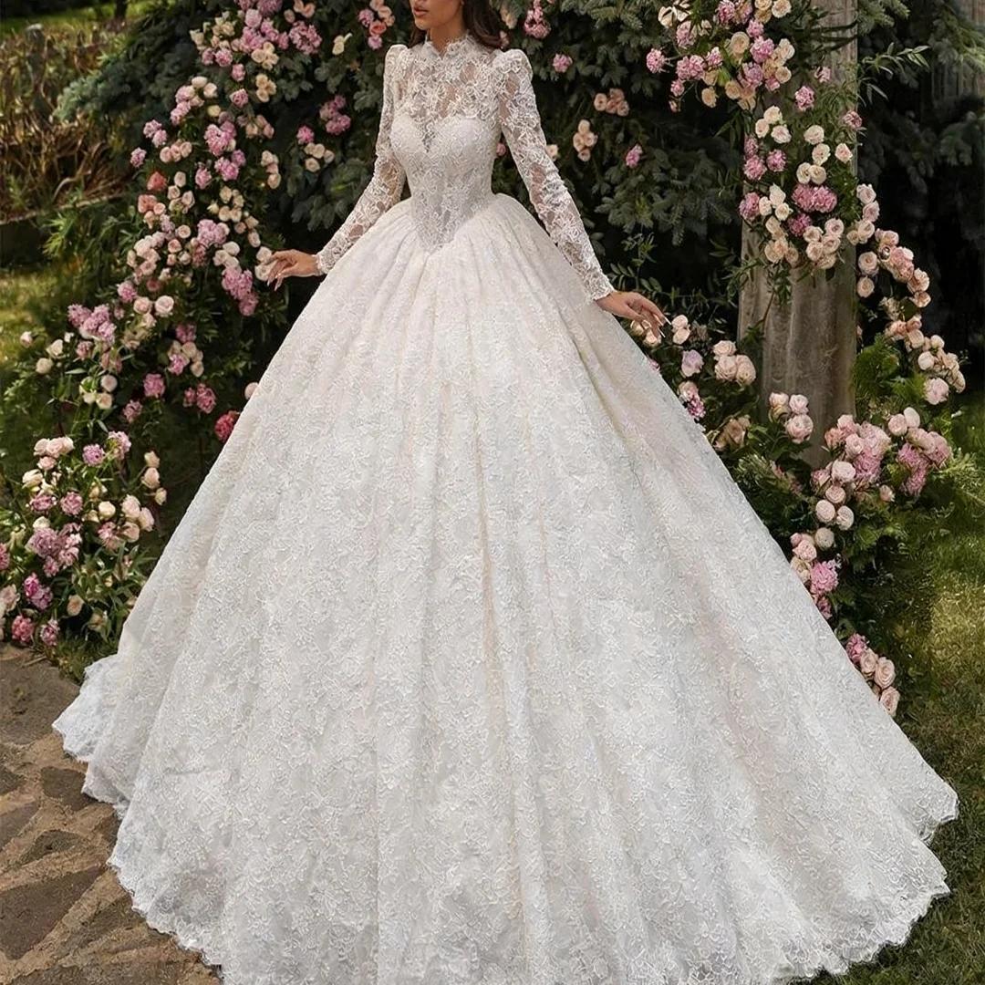 

Бальное платье по индивидуальному заказу, свадебные платья, платье невесты с высоким воротом и длинными рукавами, кружевные вечерние платья для выпускного вечера невесты