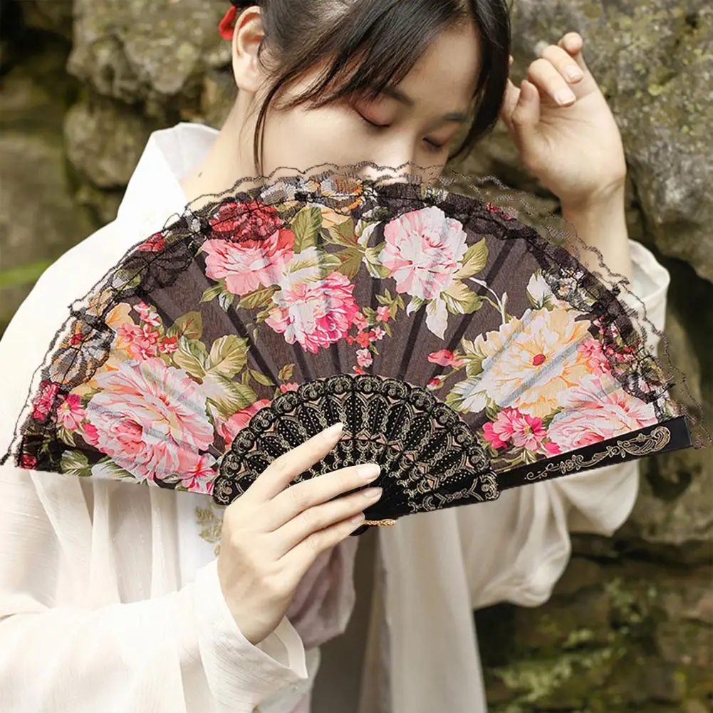 Vintage Lace Folding Fan Peony Flower Pattern Portable Handheld Chinese Dance Fan Summer Hand for Dance Photography And Events