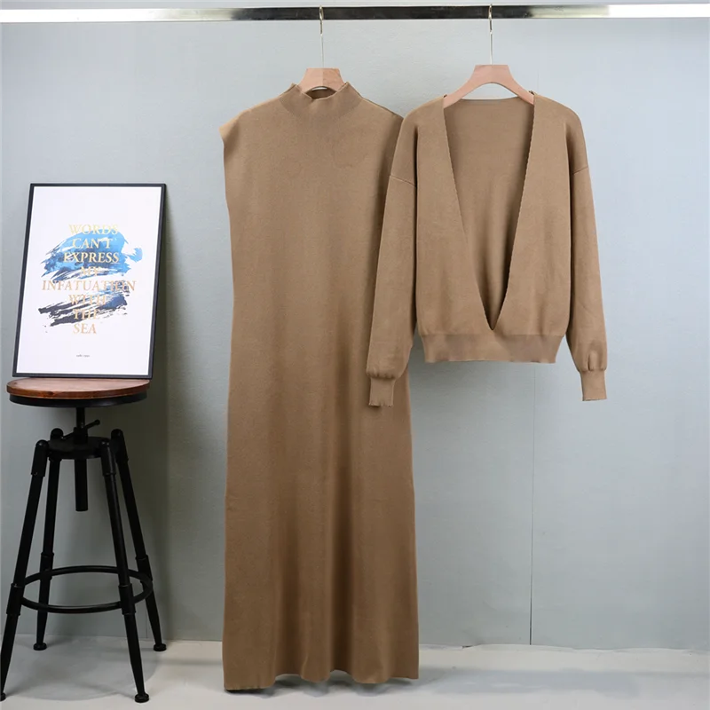 Autumn New Knit Skirt Sets Casual Slim Sleeveless Midi Dress Long sleeved deep V Tops Two-piece Set for Women vestidos