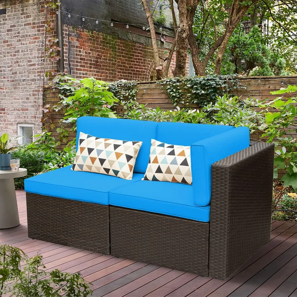 2 Pieces Patio Furniture Sofa Sets Outdoor All-Weather Sectional Corner Sofa and Armless Sofa (Blue)