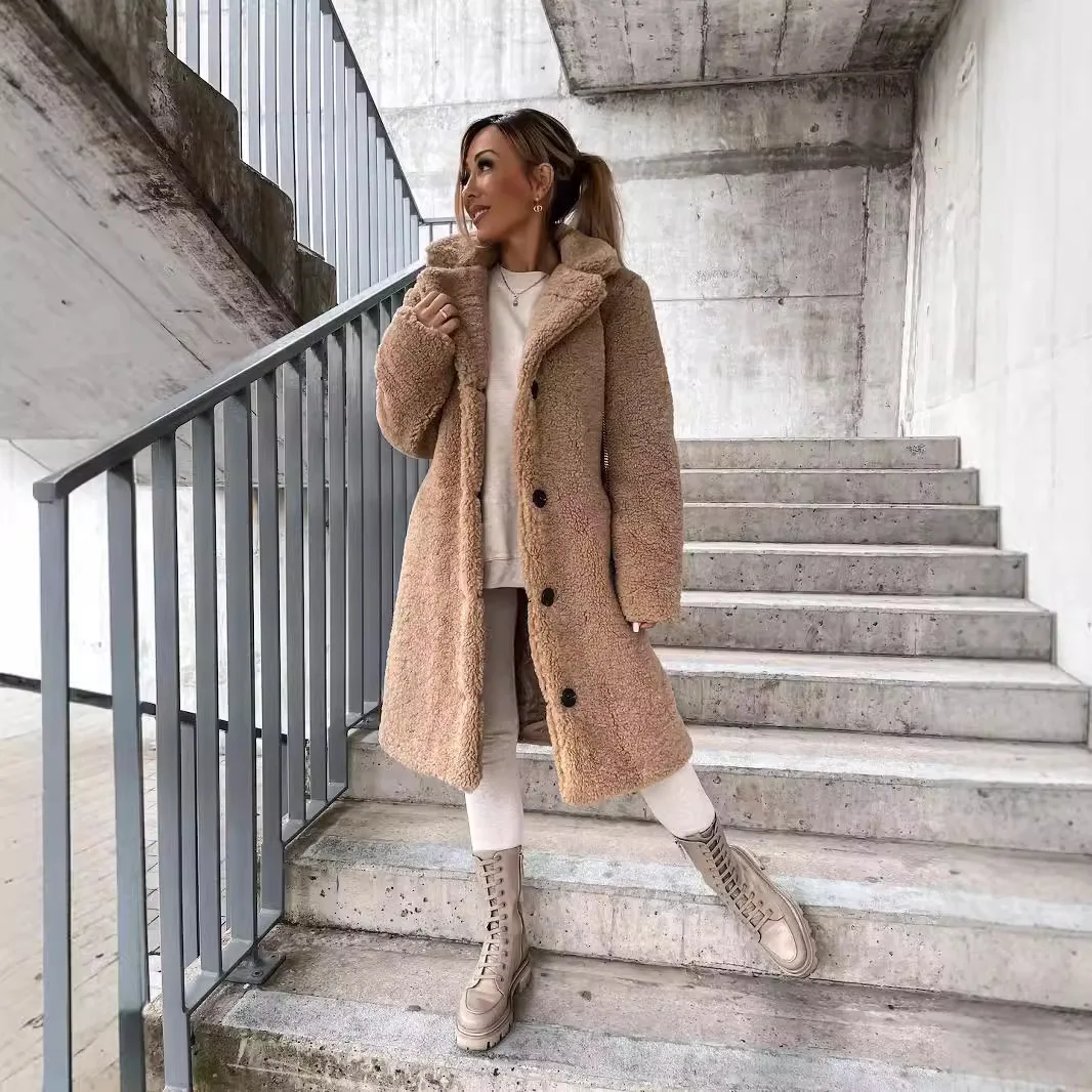 Autumn and winter cross-border women\'s clothing hot item furry long sleeved lapel women\'s plush on top Long coat
