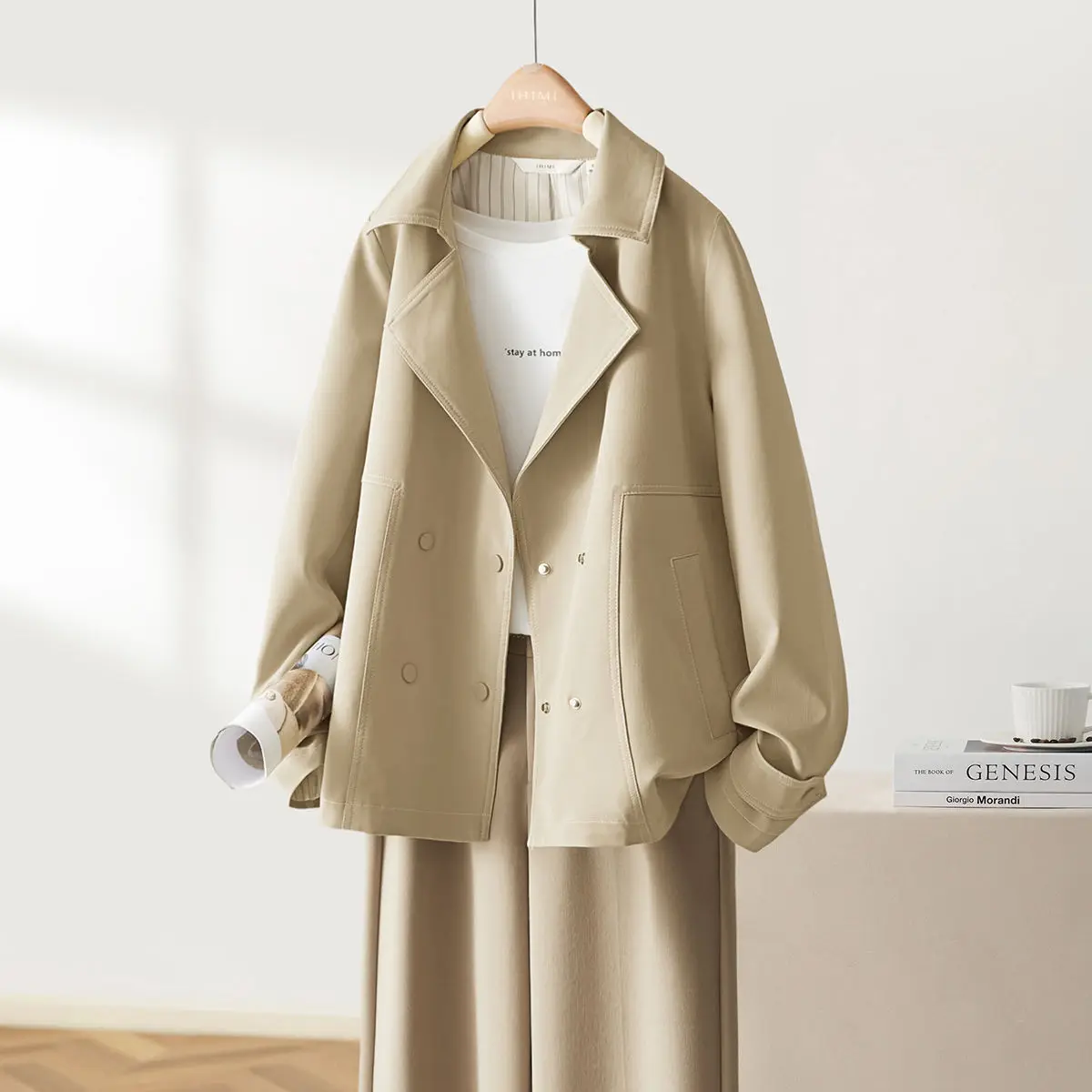 

Spring Autumn ort Sle Women's Coat Casual Thin Outerwear Lantern Sve Polyester Fiber Double Breasted Pure Color