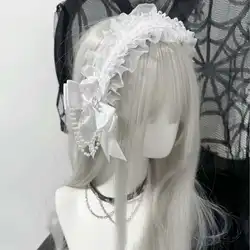 White Lolita Pleated Laces Hair Hoop Women Girls Sweet Bowknot Headband Maid Cosplay Headpiece Festival Party Costume Props