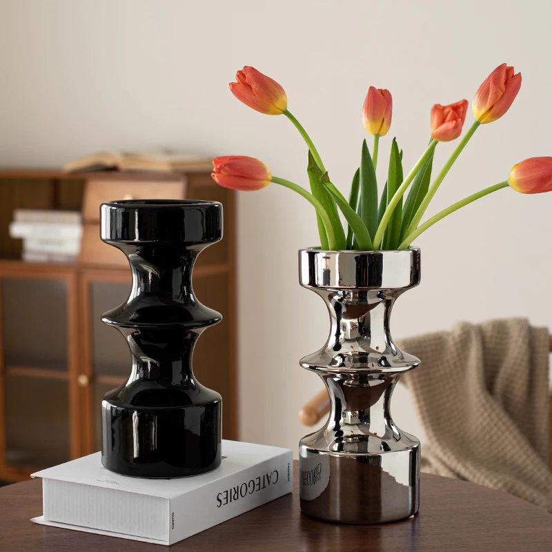 

European High-grade Silver Ceramic Vase Ornaments Living Room Model Room Flower Arrangement Vase Living Room Table Ornaments