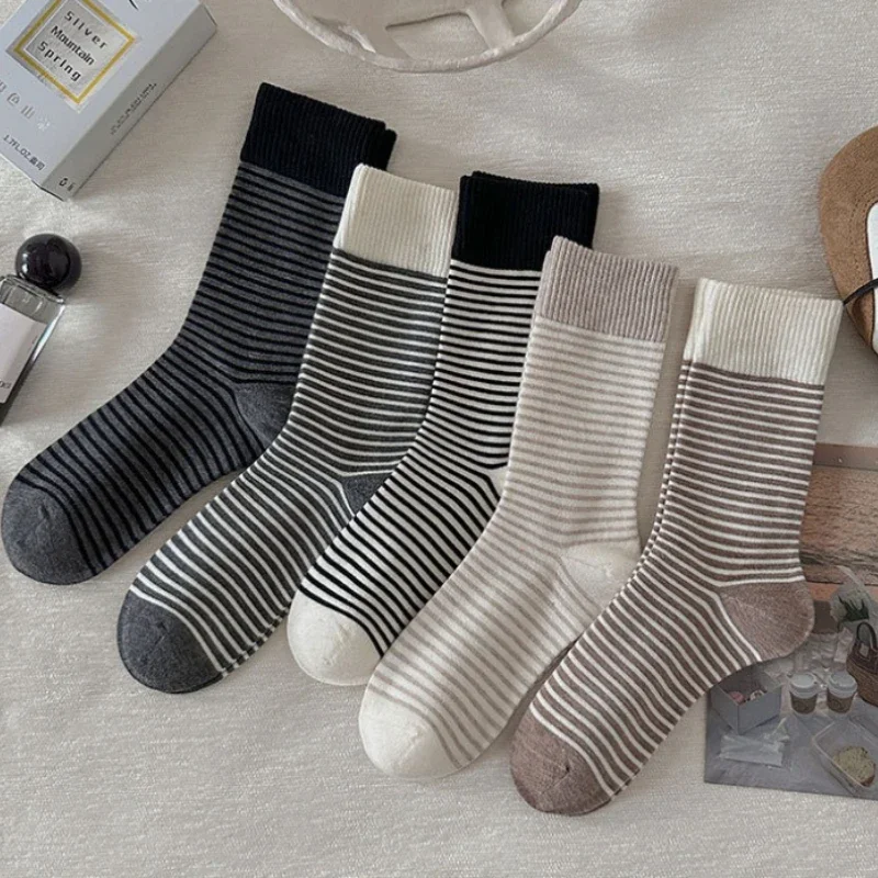 

1/5 пар женских осенне-зимних новых полосатых носков средней длины, универсальные противоскользящие, антибактериальные, впитывающие пот повседневные носки