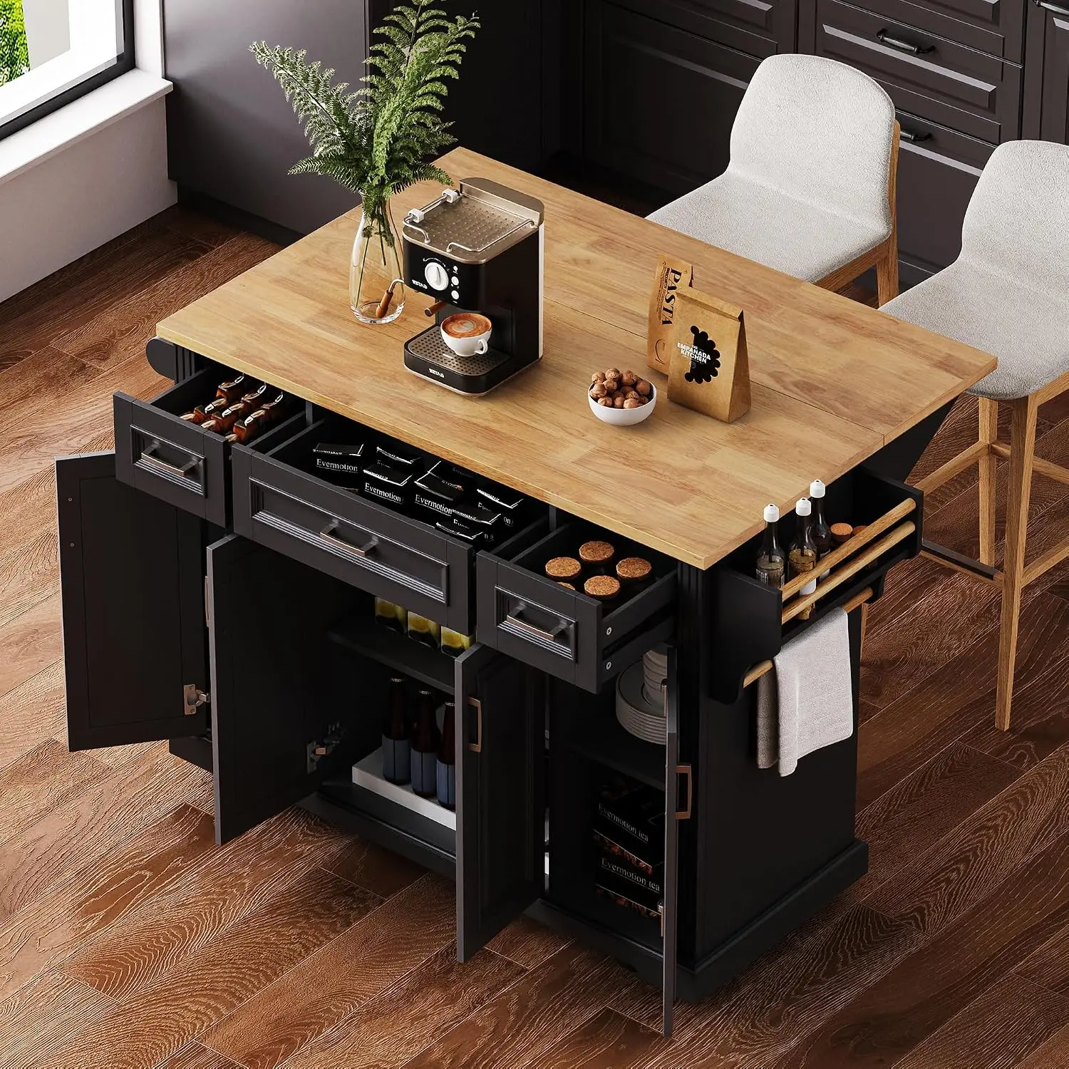 Mobile Kitchen Island with , 4 Doors, 3 Drawers, Side Racks, Rubberwood Top & Locking Wheels, Black, Customized