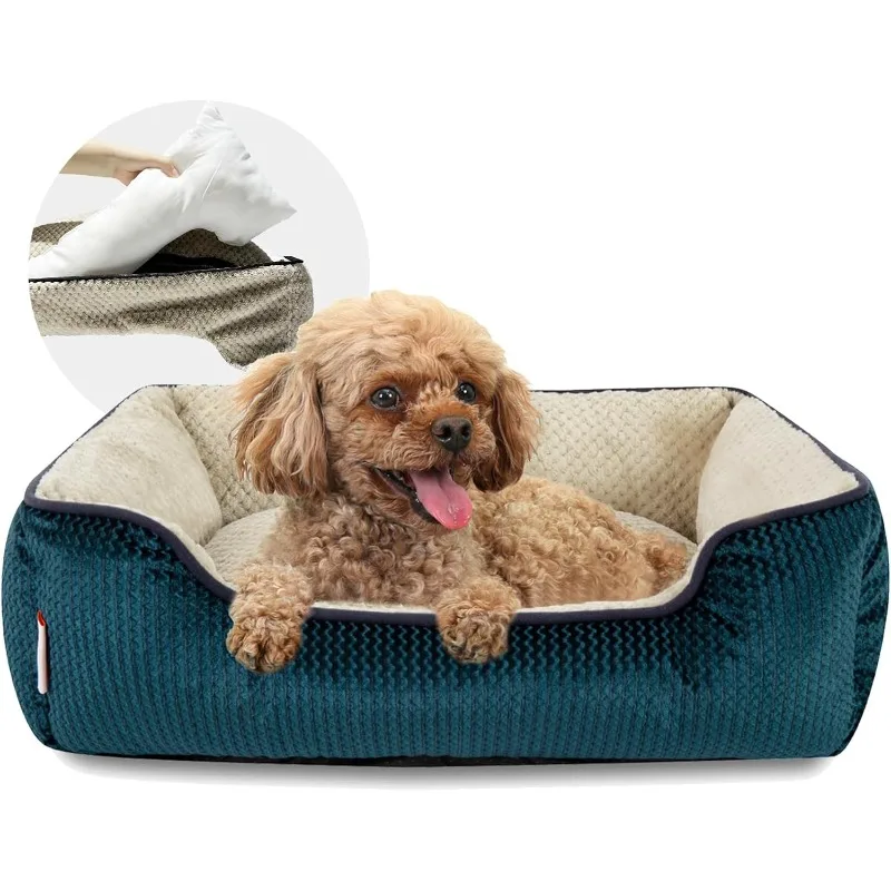 Medium Small Dog Bed with Washable Removable Cover - Rectangle Pet Bed for Indoor Cats with Bolster Soft Cuddle Bed