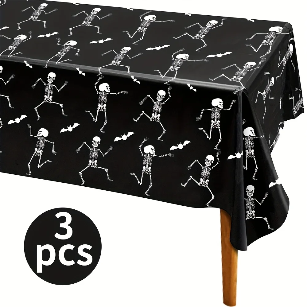 3PCS Halloween Tablecloth - Scary Skull Design, Plastic for Spooky Party Decor, Haunted House & Buffet Table Cover [Easy Clean]