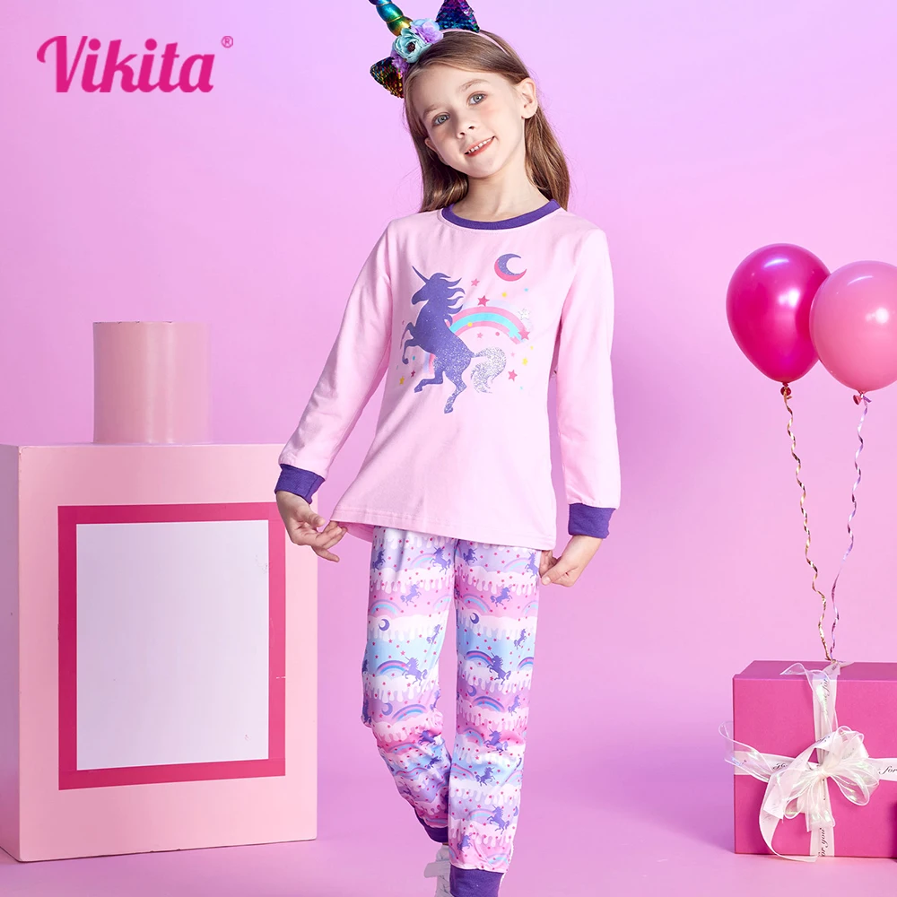 VIKITA Girls Unicorn Print Cartoon Pajamas Kids Cotton Casual Homewear Girls Long Sleeve Top and Matching Pants Set Kids Clothes