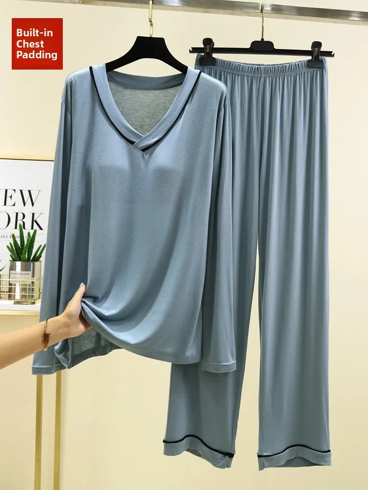 Modal Long Sleeve Sleepwear Set Women's Integrated Home Clothes Chest Pad Thin Loose Two-Piece Spring Autumn Home Leisure