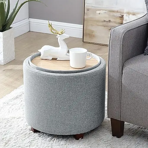 

Lawrence Round Ottoman with Lift Off Lid and Tray Lid Coffee Table, Ottoman with for Living Room, Bedroom and Office, Linen Gr