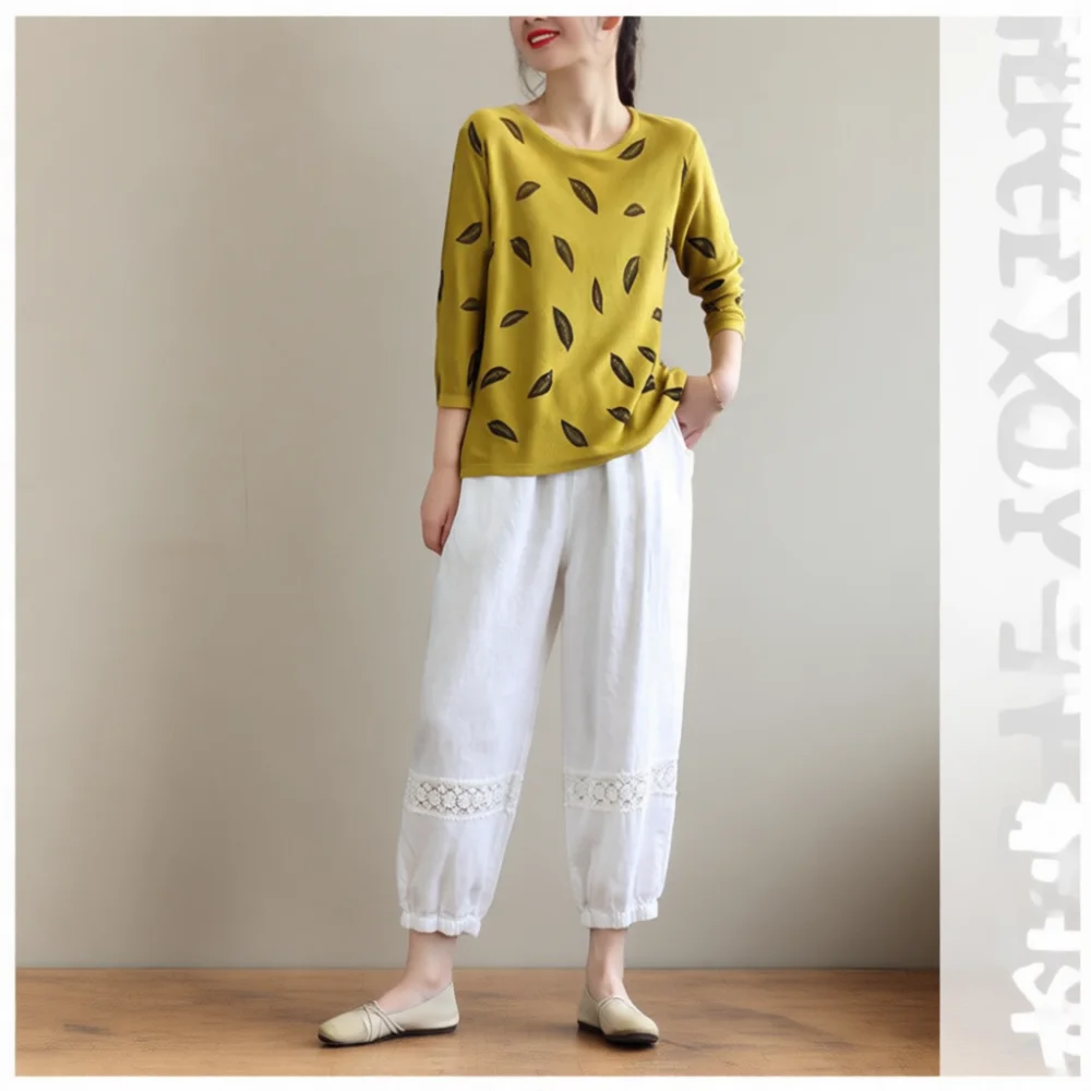 Fashion Women Summer Cropped Pants Retro Lace Patchwork Cotton Linen Loose Lantern Trousers Casual Breathable Bottoms