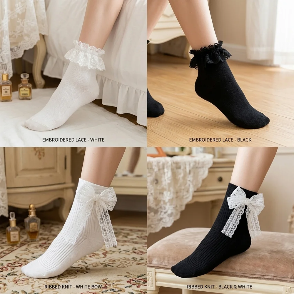 Big Bowknot Lace Socks Women Lolita Kawaii Ribbed Cotton Socks Frilly Ruffle Ankle Socks Japanese Style Princess Girls Socks