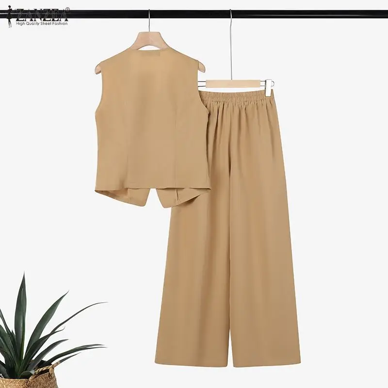 Summer Women's Vintage Old Money Pant Suits Wide-Leg Pants & U-Neck Vest Tops 2 Pieces Sets ZANZEA Office Commute 2pcs Outfits