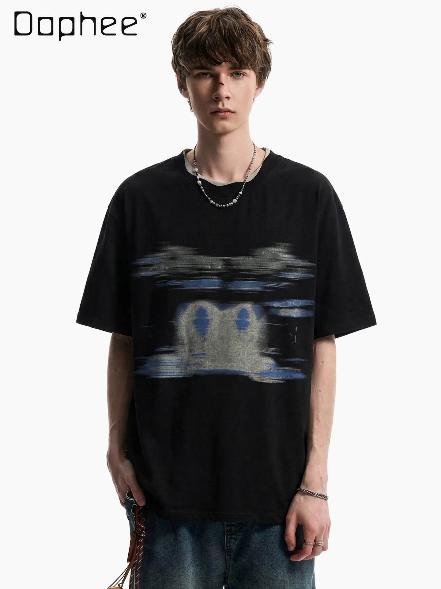 Men Vintage Blur Abstract Face Print Short Sleeve T-shirt Loose Round Neck Casual Streetwear Summer Basic Black Tee