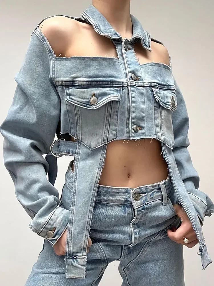 Solid Hollow Out Irregular Denim Coat for Women Lapel Long Sleeve Patchwork Single Breasted Streetwear Coats Female