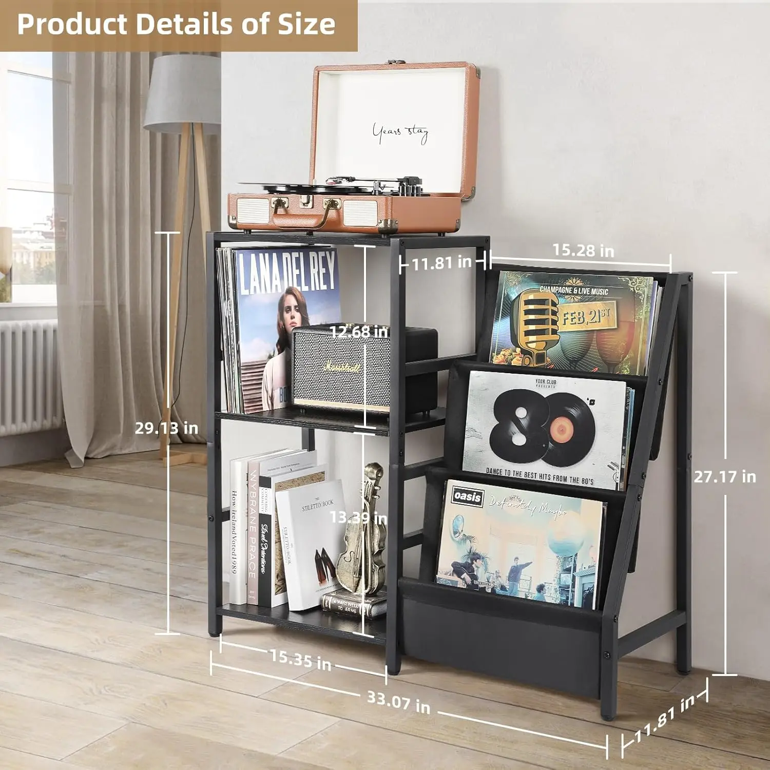 3-Tier Vinyl Record Player Stand with Storage for Albums, Turntable Table, End Table for Home Decor