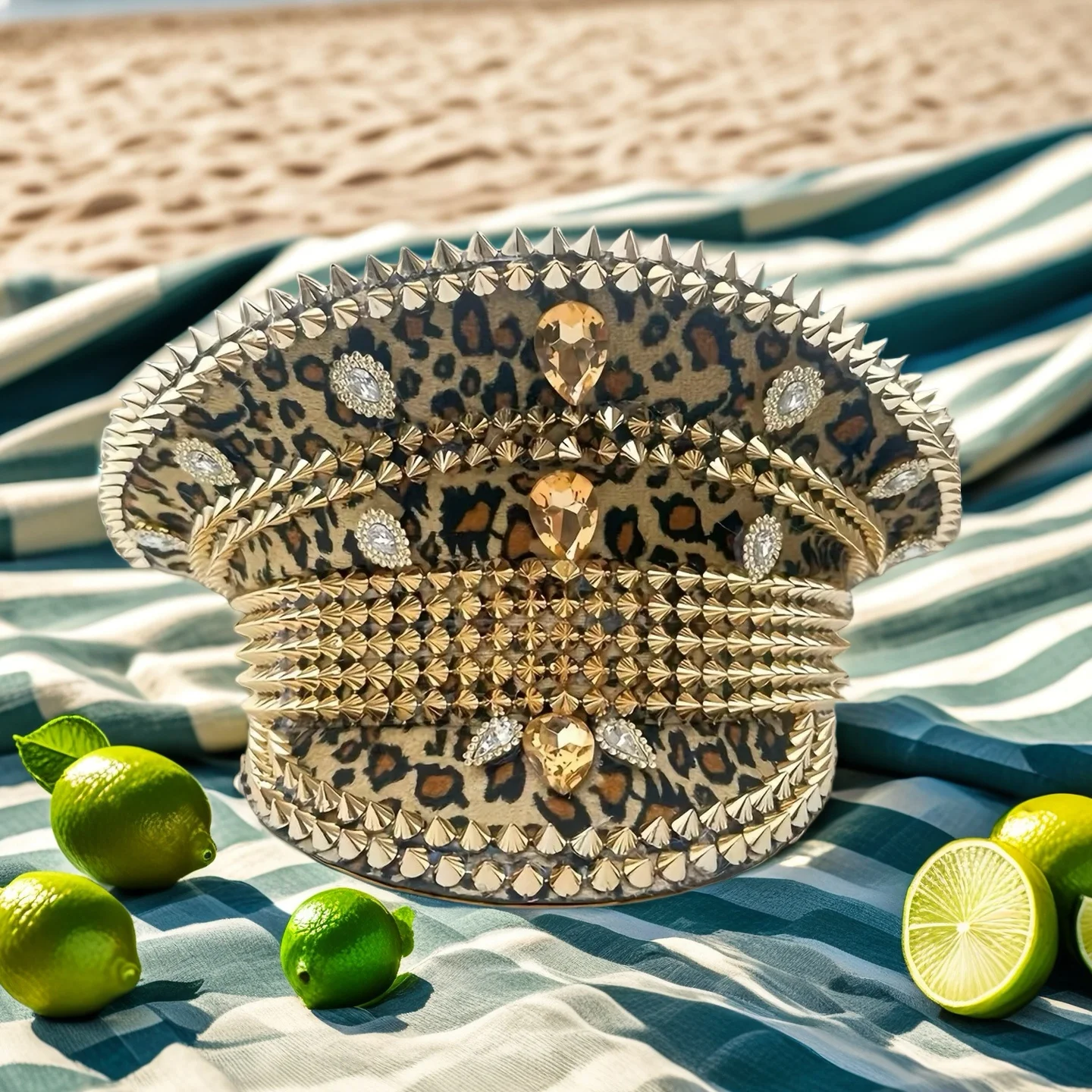 HongLuan Yellow Laser Leather Loop Captain Hat Rhinestone & Military Caps for Woman, Rave Festivals Accessories ＆ Party Cap Man