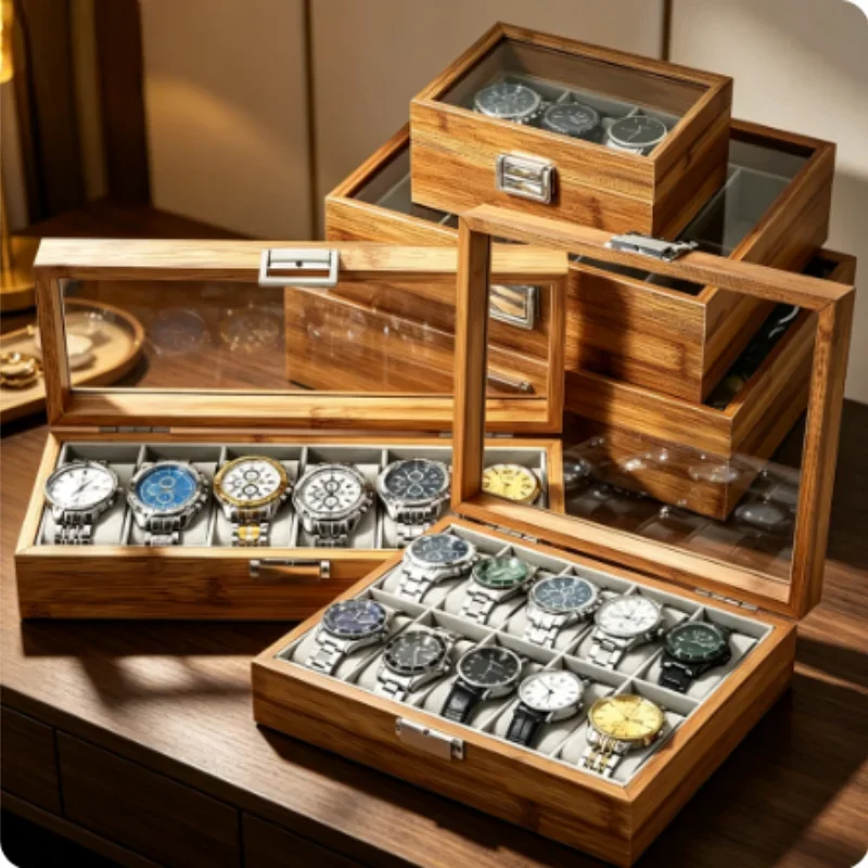 3/6/10/12 Grid Bamboo Watch Storage Box, Wristwatch Display Organizer Case for Men Women Watch Collection