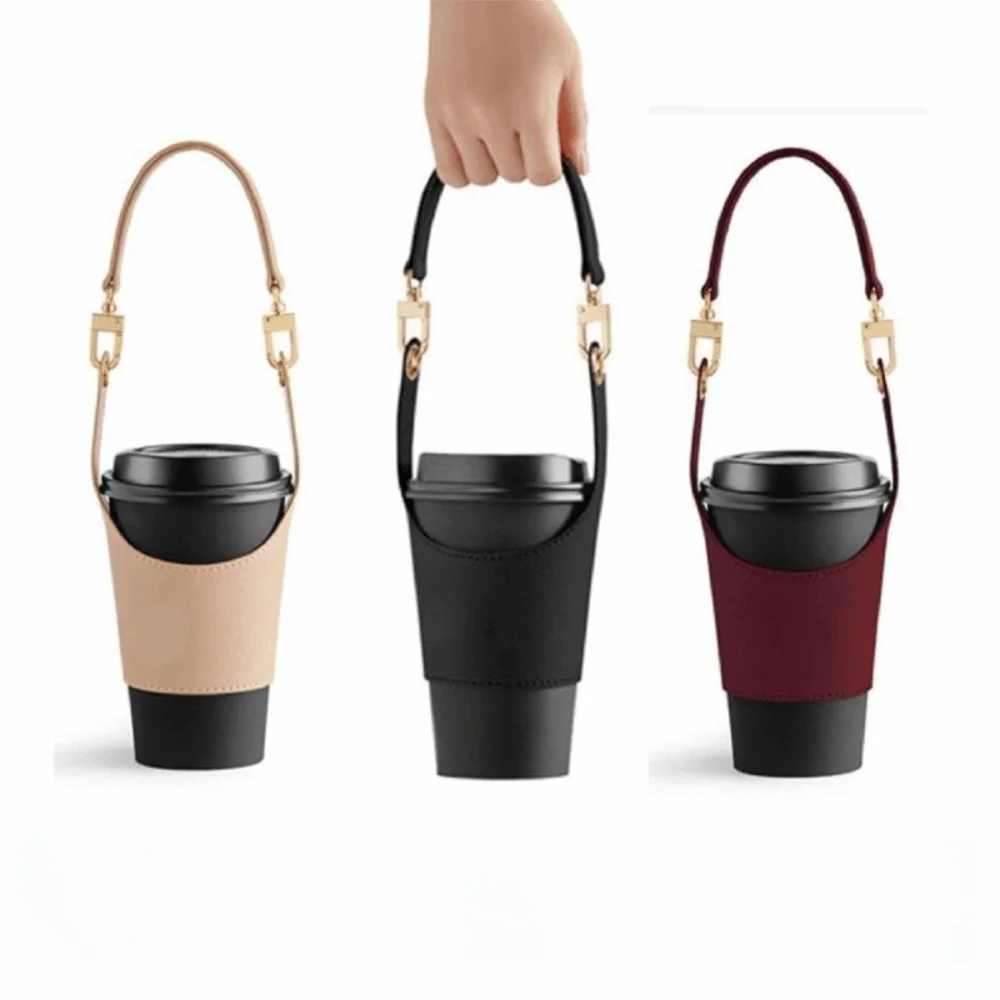 Portable Design Leather Cup Cover Insulating Function PU Cup Holder Carrying Strap Universal Fit Water Bottle Sleeve