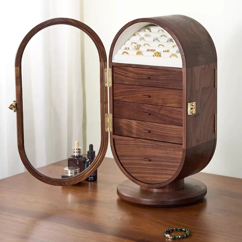Solid Wood Jewelry Box with Mirror Rotatable Multifunctional Jewelry Storage Cabinet Necklace Ring Bracelet Boxes Wedding Gift