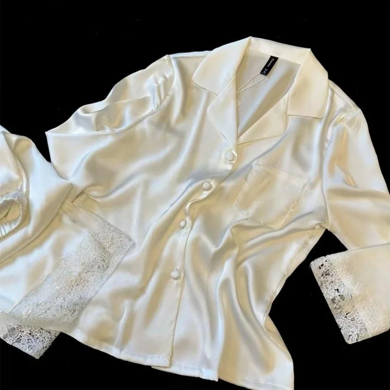 Ice Silk Pajamas Women Spring and Autumn Long Sleeve Lace Stitching High Sense Outerwear Homewear Suit