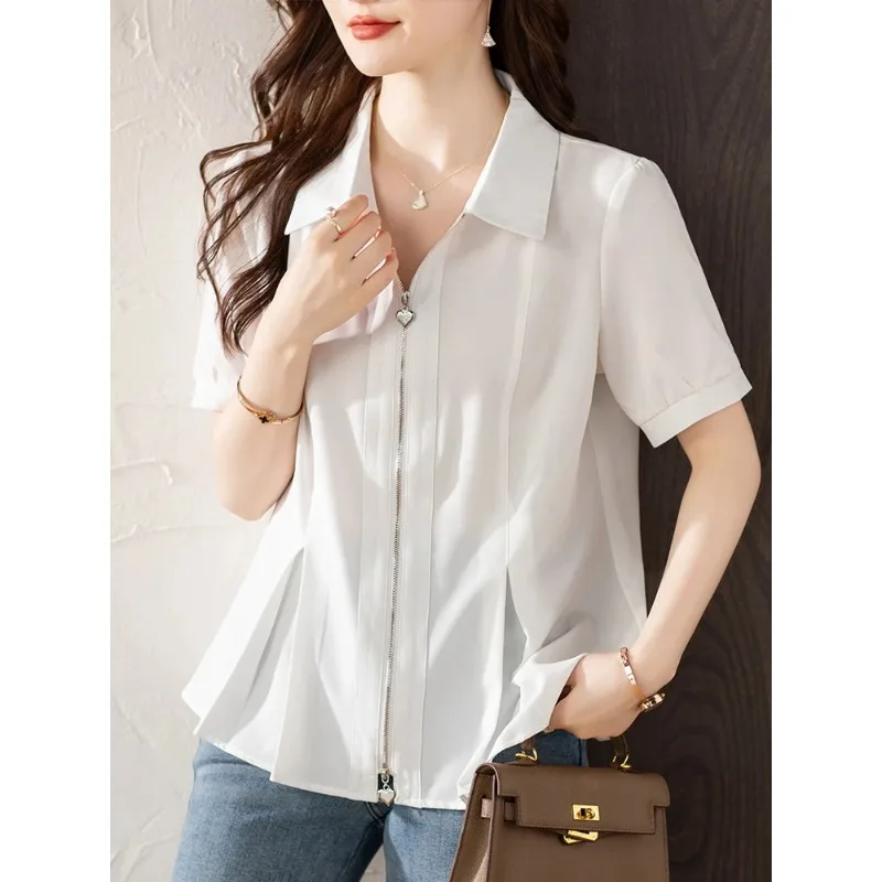 

Women Plus Size Lapel Short Sleeve Shirt Korean Loose Casual Front Zipper Pleated Elegant Blouse Tops