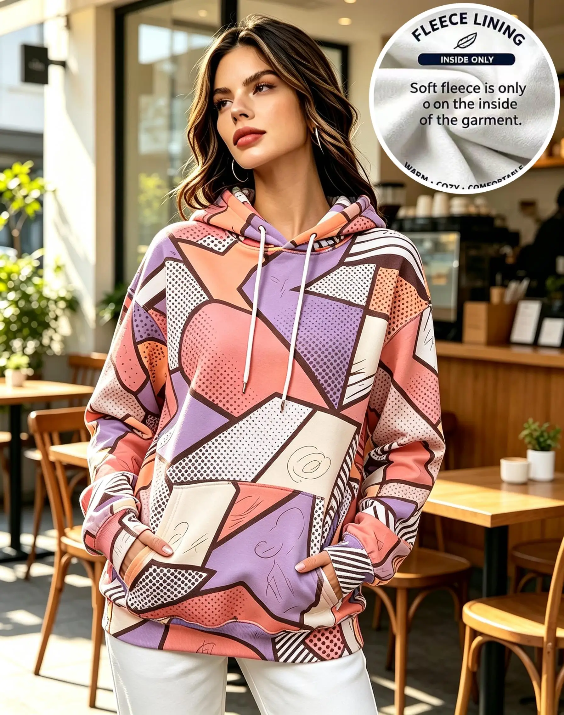 Women Abstract Geometric Patchwork Print Fleece Hoodie Purple Pink Kangaroo Pocket Casual Pullover Sweatshirt