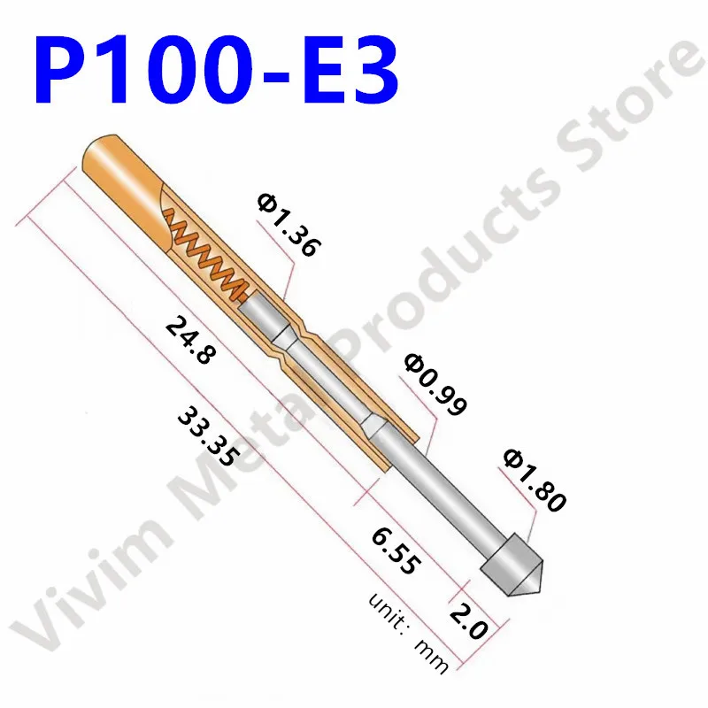 100pcs Pogo Pin P100-E3 sonda di prova a molla per circuito stampato nichelato testa dell\'ago diametro 1.8mm lunghezza 33.35mm sugli strumenti di