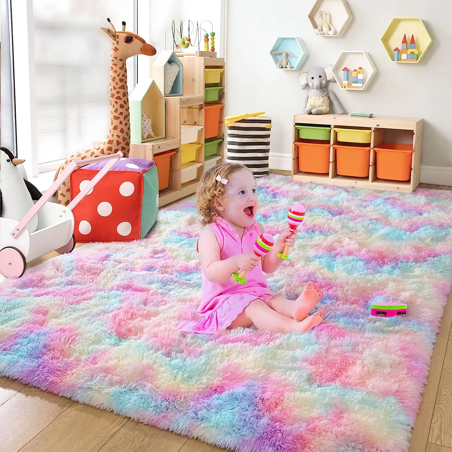 NOAHAS Soft Fluffy Rainbow Rugs for Girls Bedroom Shaggy Kids Playroom Home Decor Mat Colorful Plush Nursery Cute Fuzzy Carpet