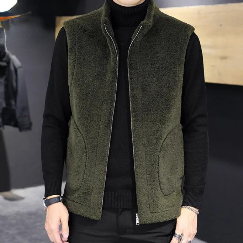 2023 Men Autumn Winter New Middle-aged Velvet Vest Male Leisure Thicken Warm Vest Men Stand Collar Casual Sleeveless Coats